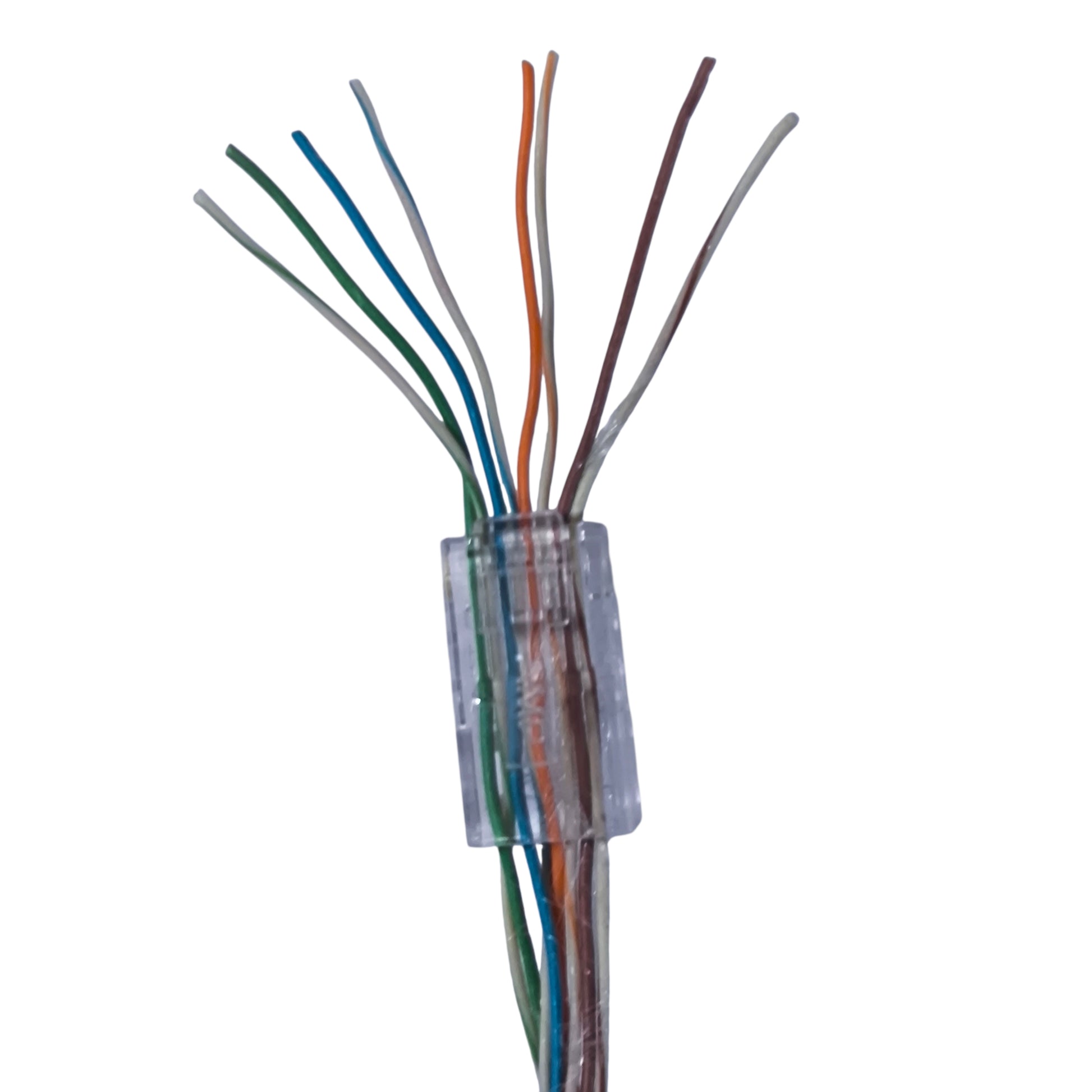 Set of colored wires with a clear connector on a white background