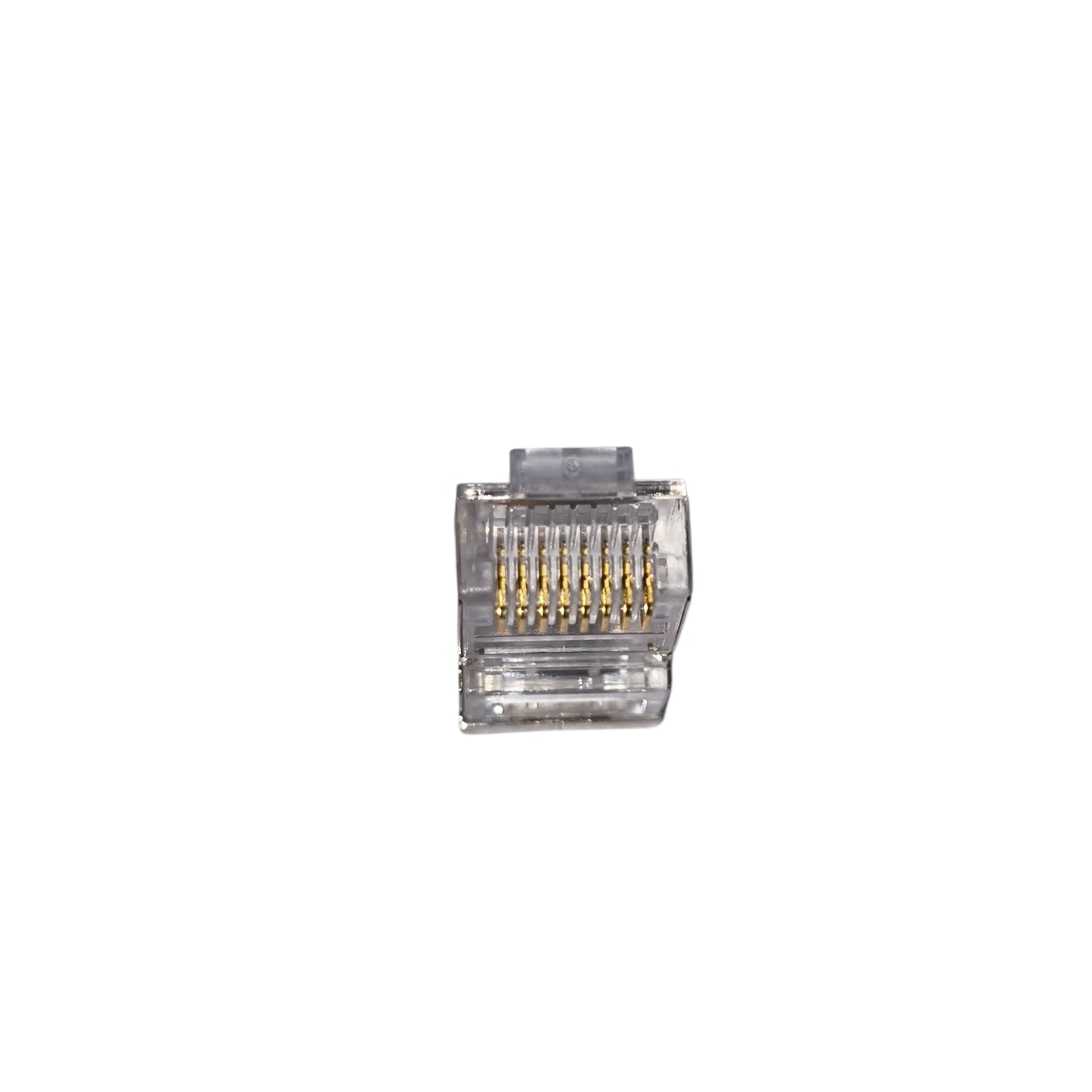Clear Ethernet cable connector on a white background