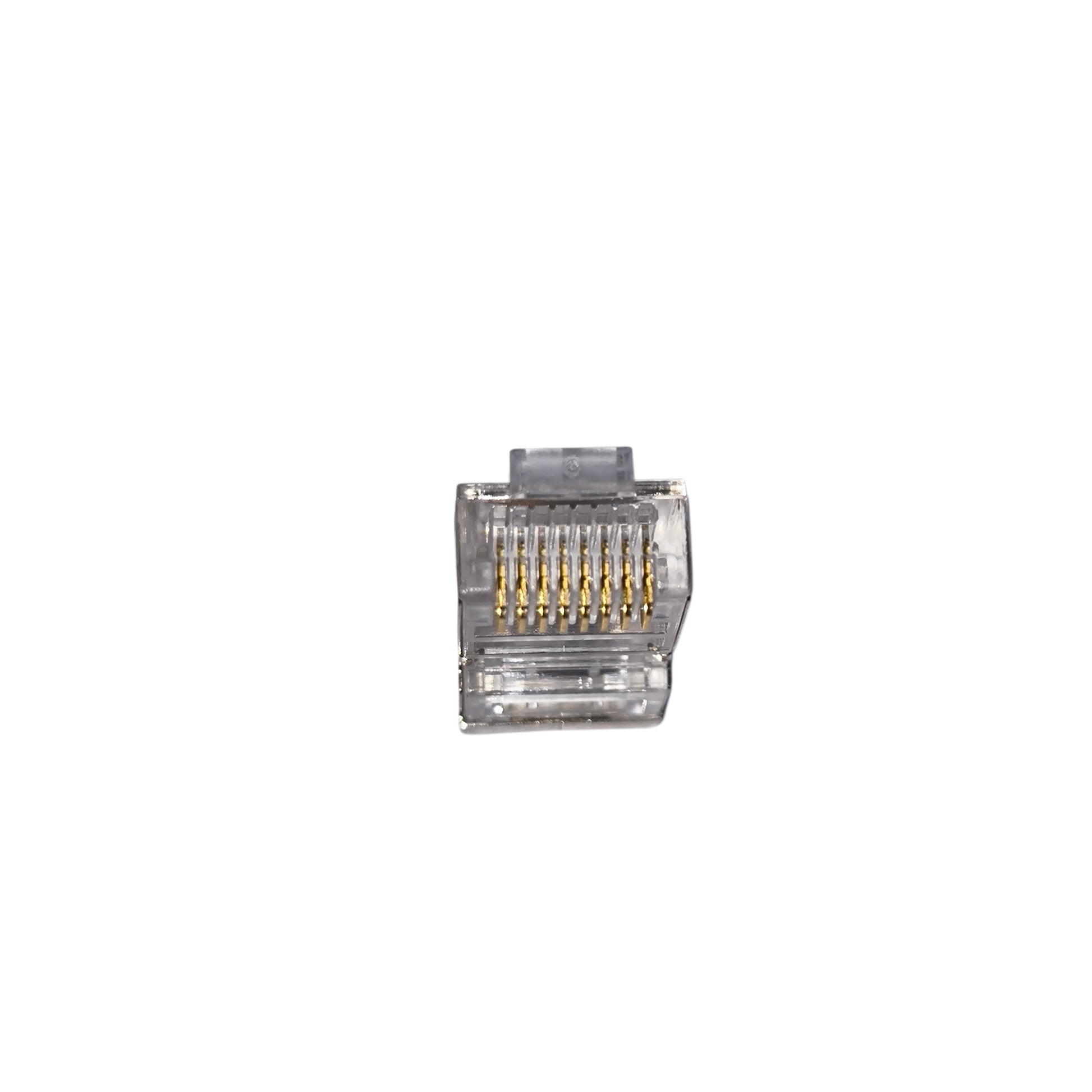 Clear Ethernet cable connector on a white background