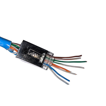 Close-up of a network cable connector with colored wires on a white background