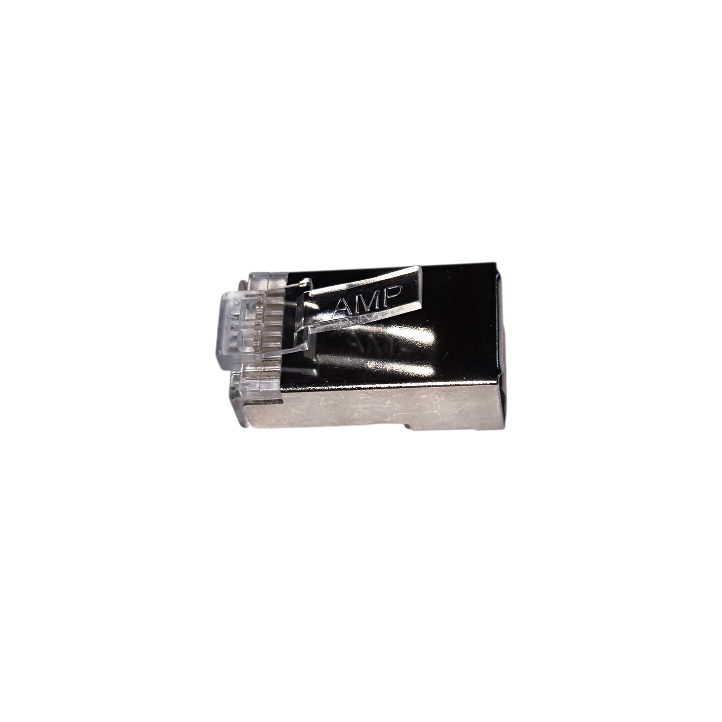 Metallic electronic connector on a white background