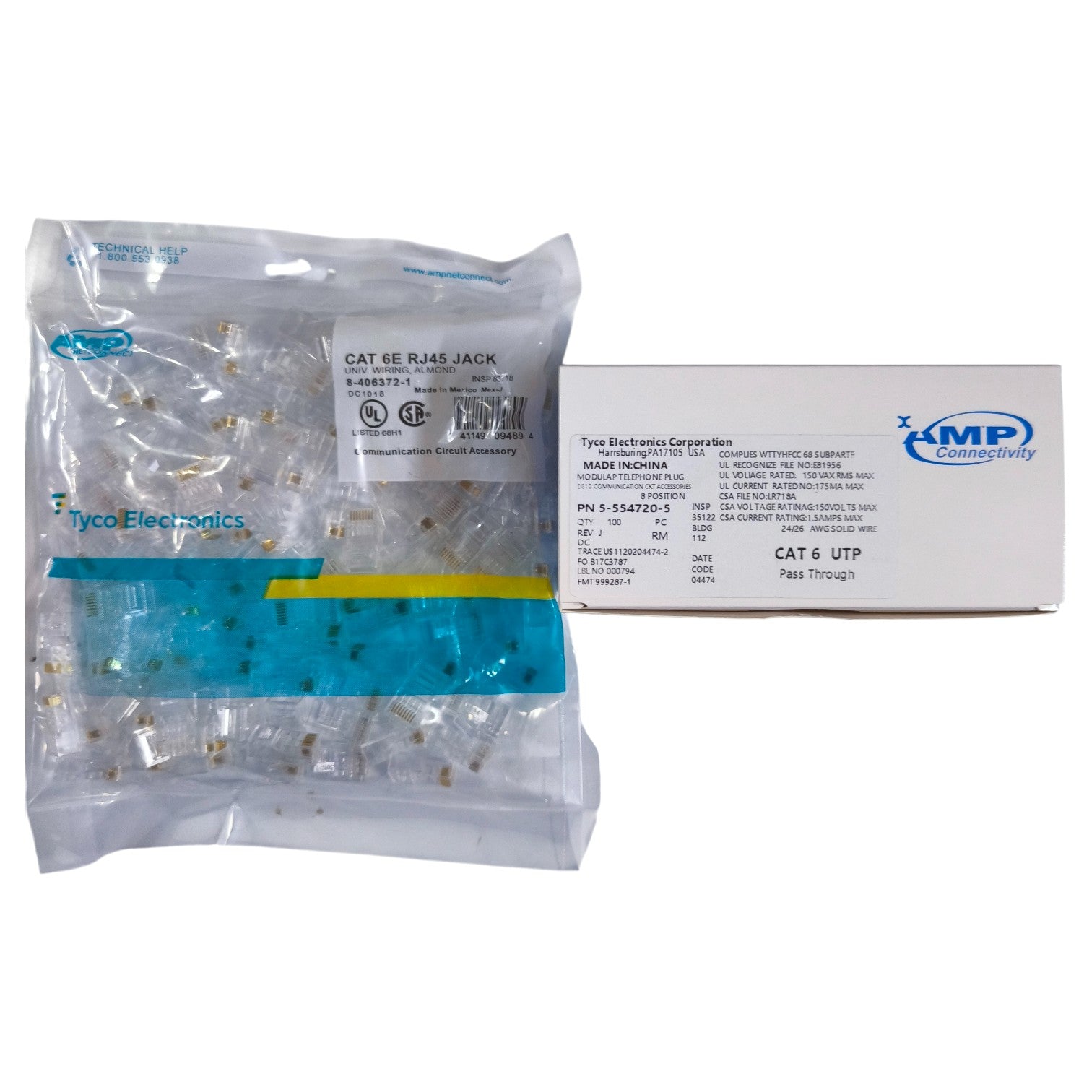 Tyco Electronics RJ45 jack packaging with a white background