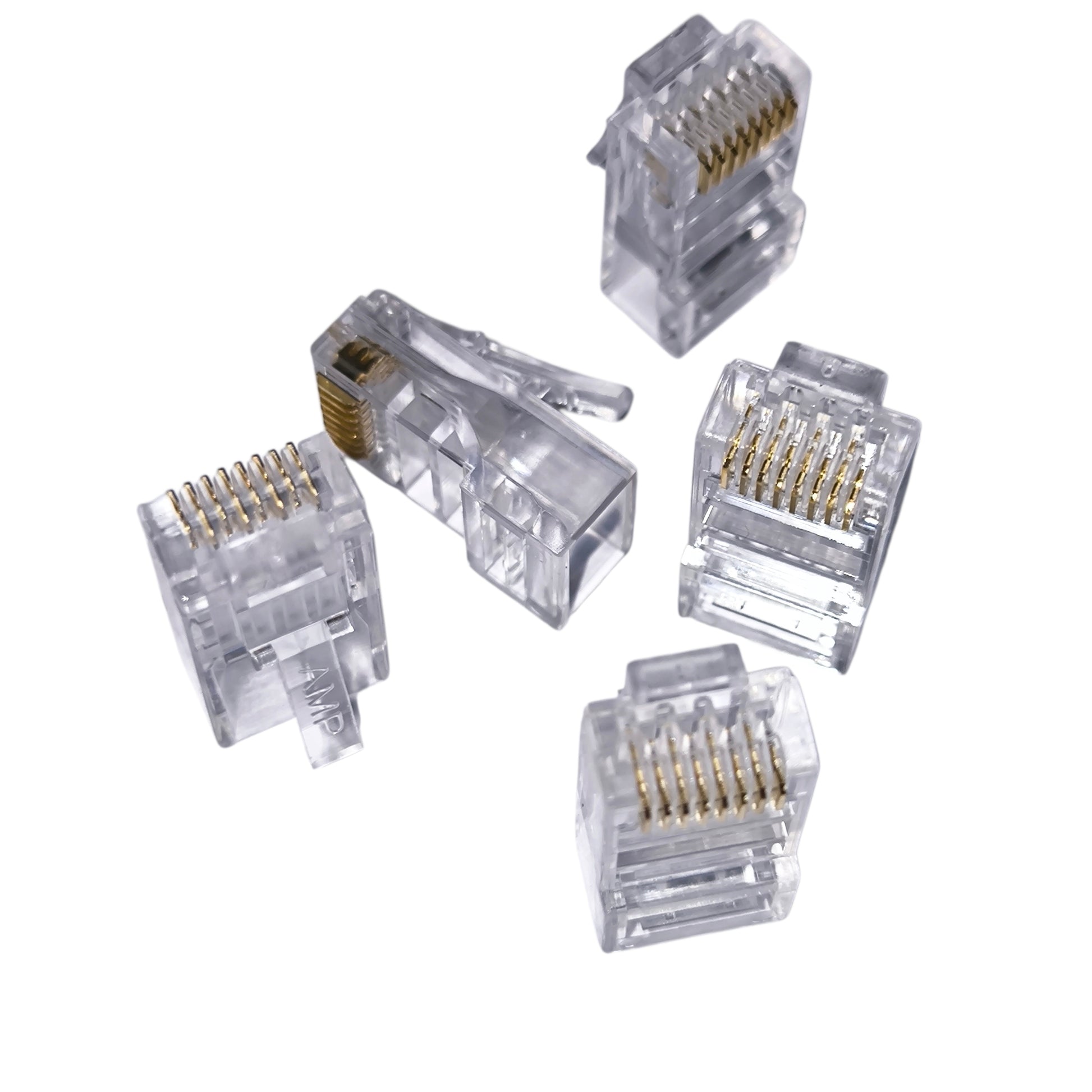 Clear telephone connectors on a white background