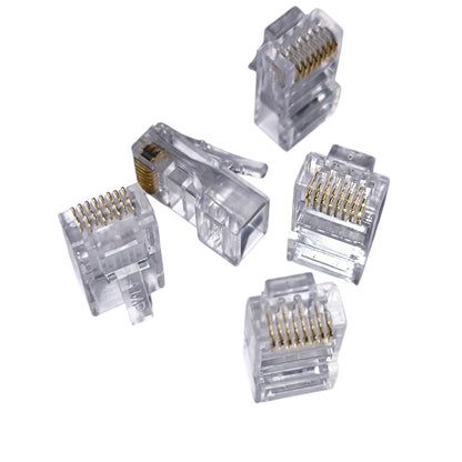 Clear telephone connectors on a white background