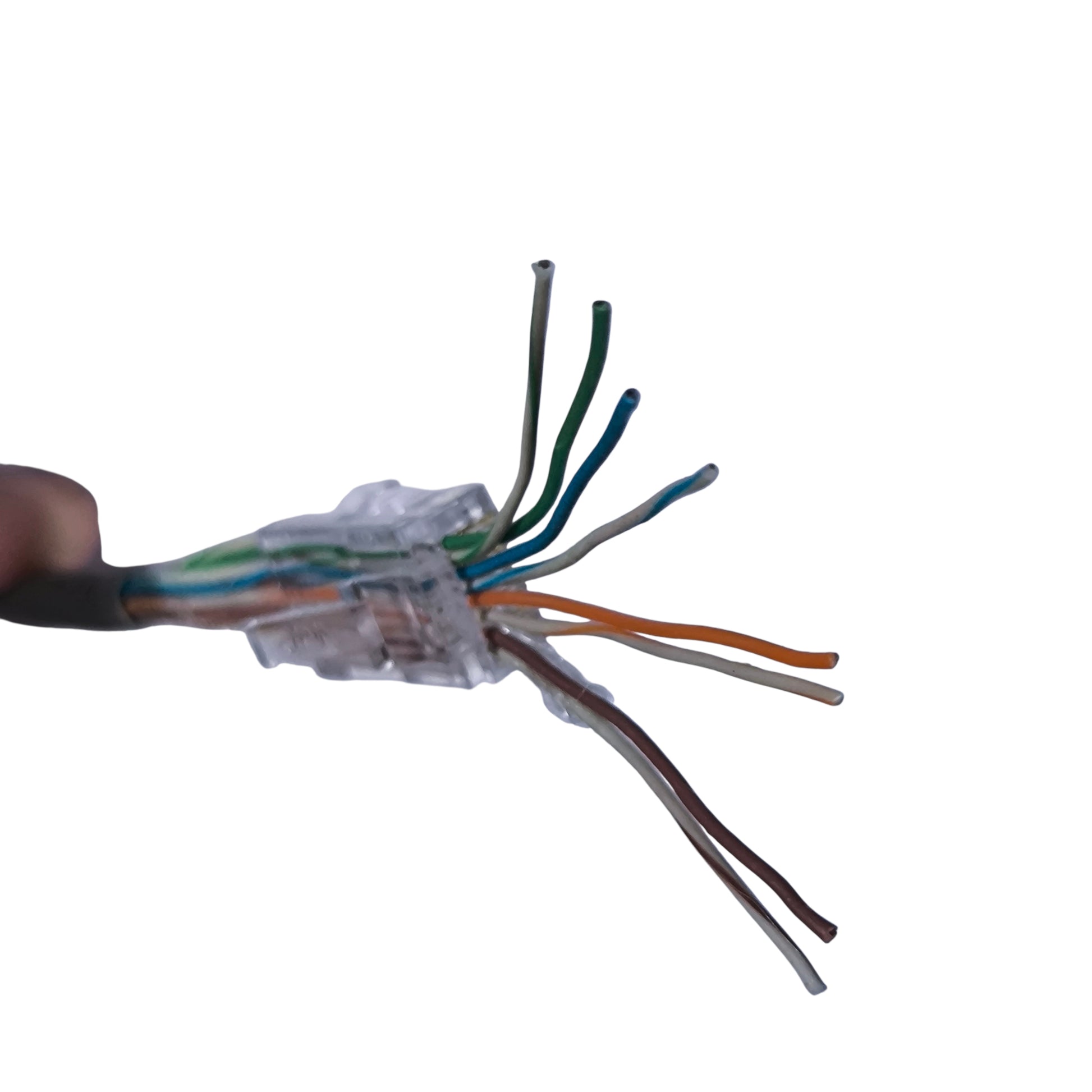 Close-up of a network cable connector with multiple colored wires on a white background