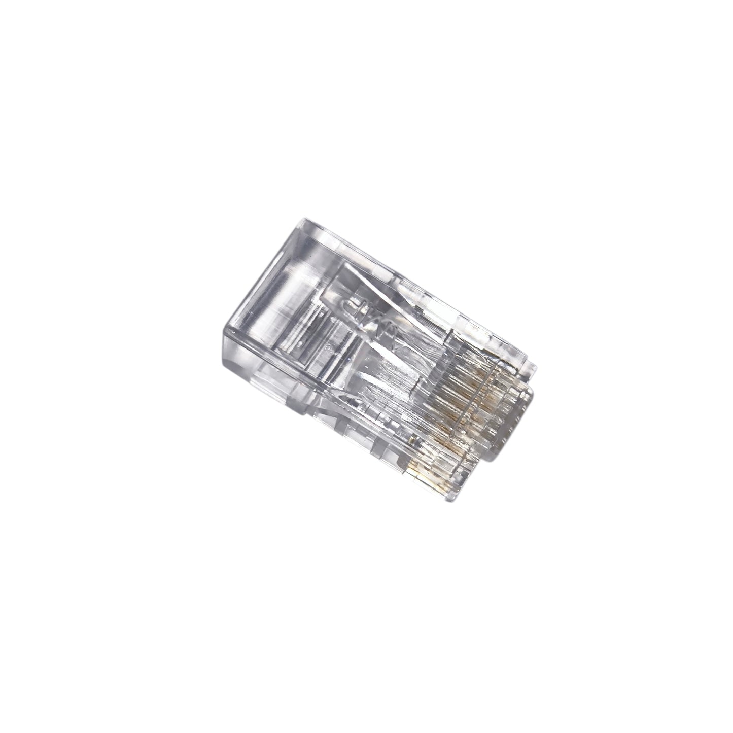 Clear Ethernet cable connector on a white background