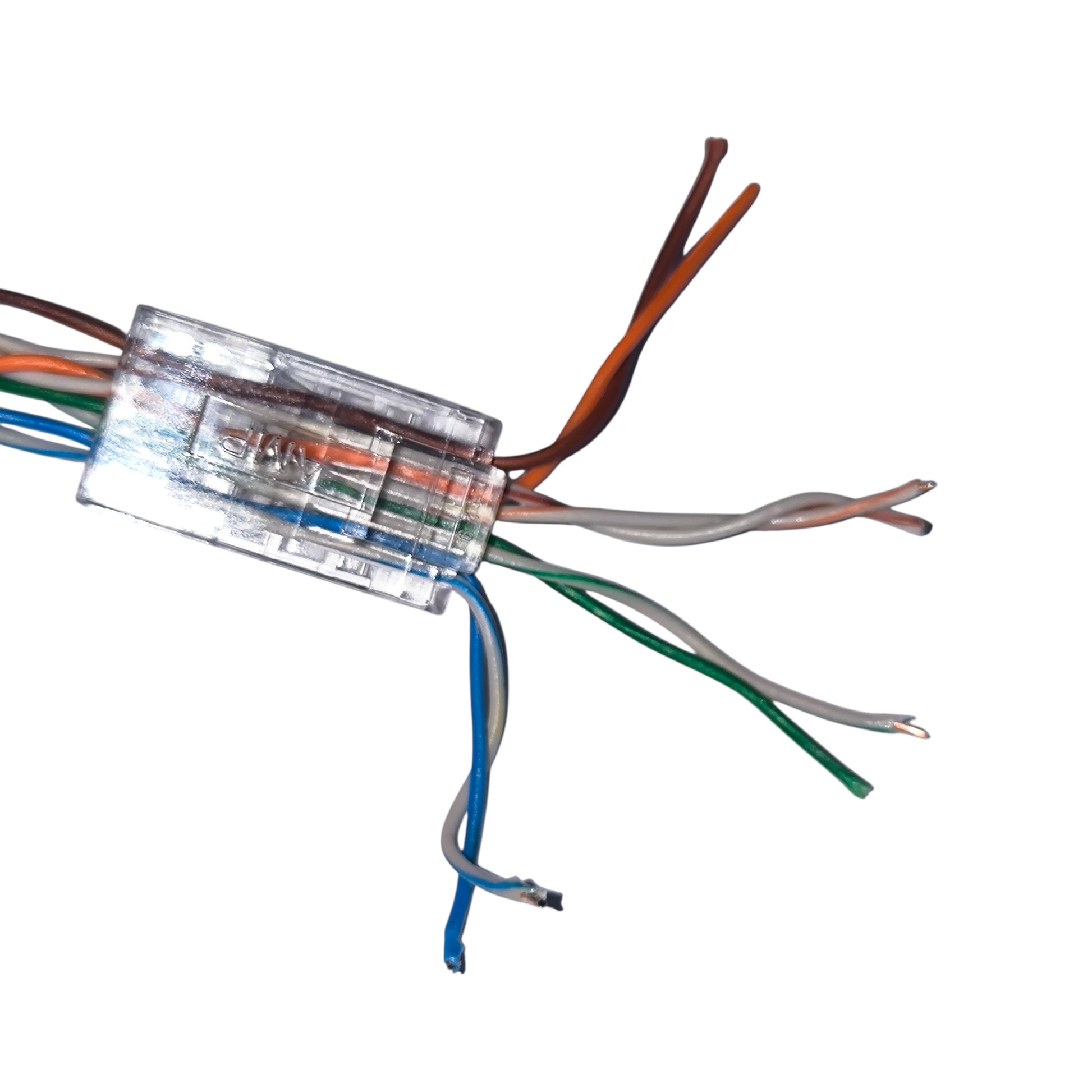 Close-up of a network cable connector with multicolored wires on a white background AMP CAT6 RJ45 Connector Pass Through Type ( 5PCS) Per Order Electx Electrical Supply