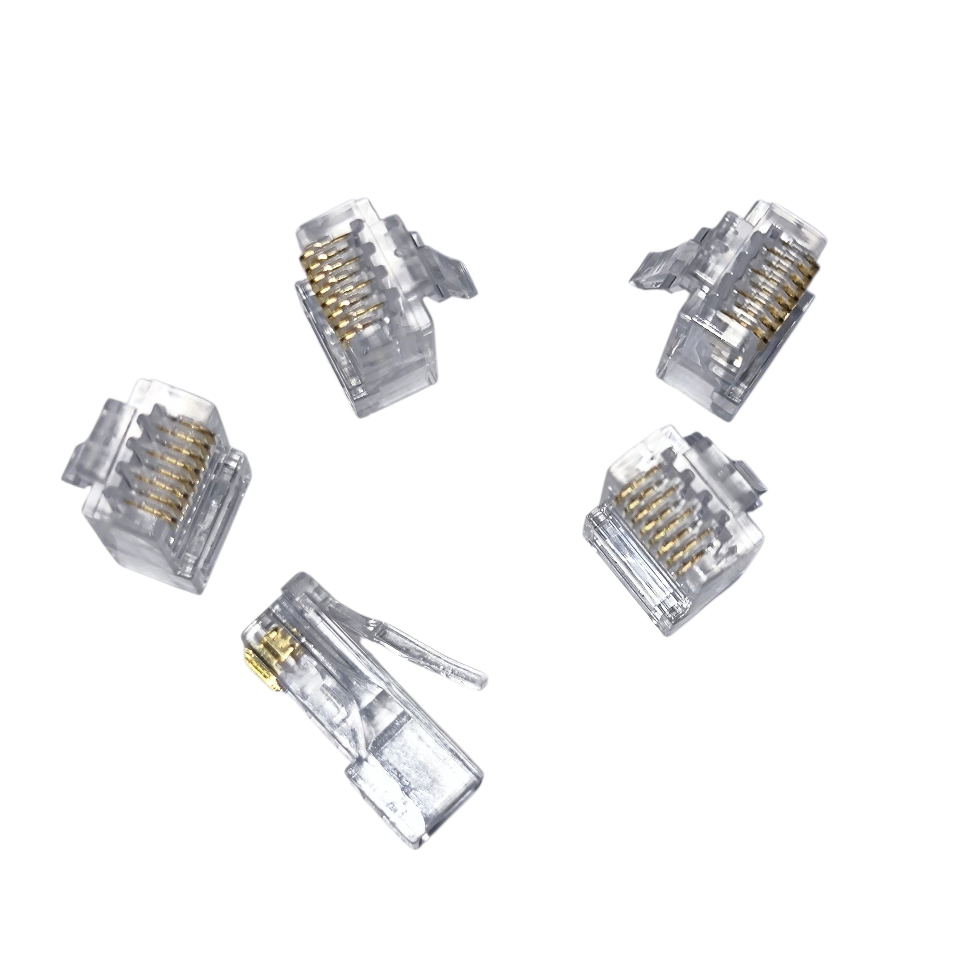 Five clear Ethernet connectors on a white background