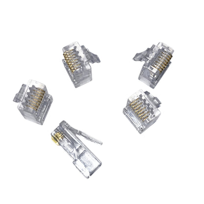 Five clear Ethernet connectors on a white background