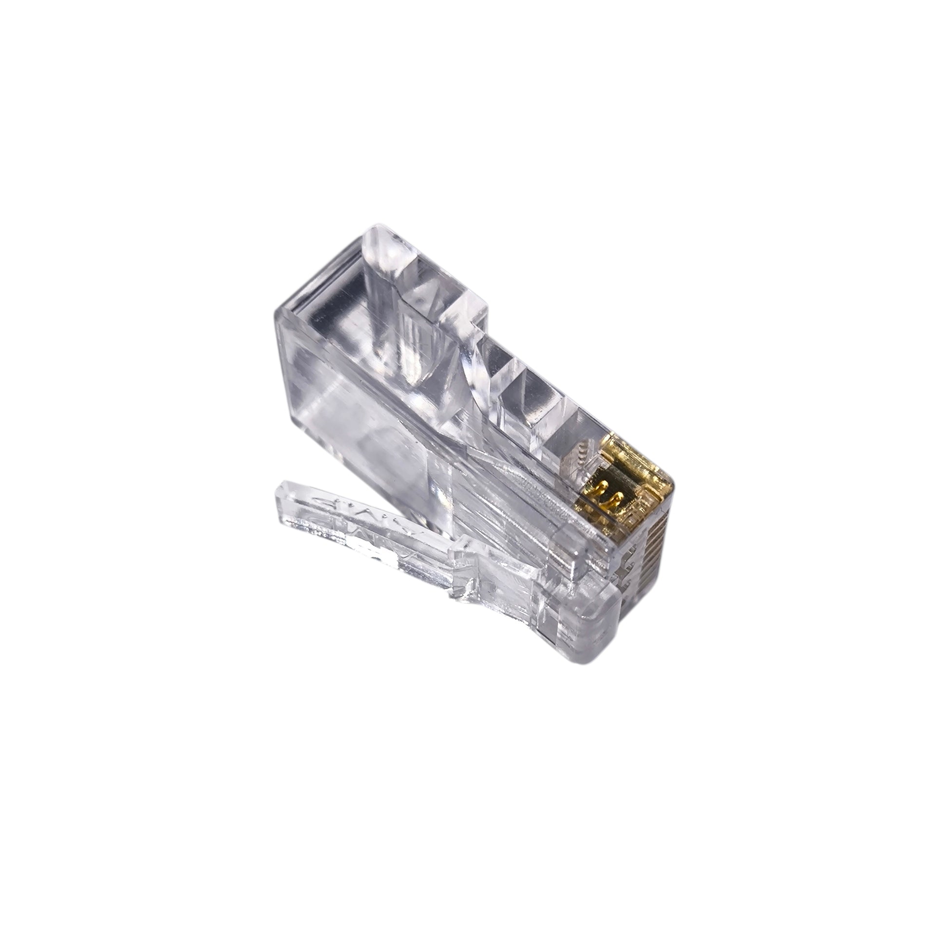 Clear Ethernet cable connector on a white background