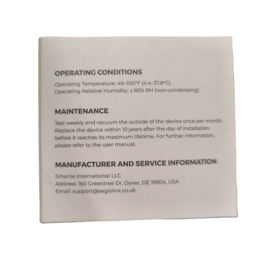 Aegislink wireless interlinked smoke alarm label showing operating conditions and maintenance instructions