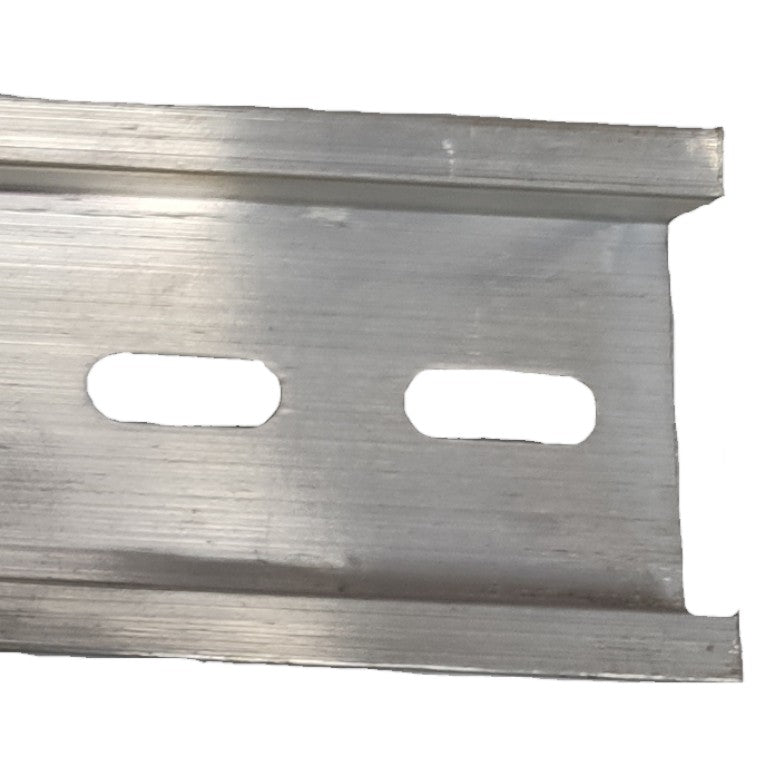 Metal strip with two cut-out holes on a white background