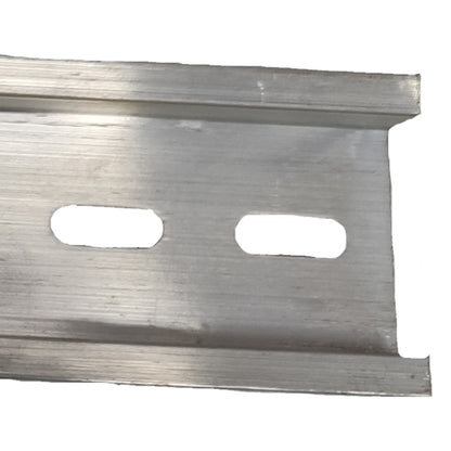 Metal strip with two cut-out holes on a white background