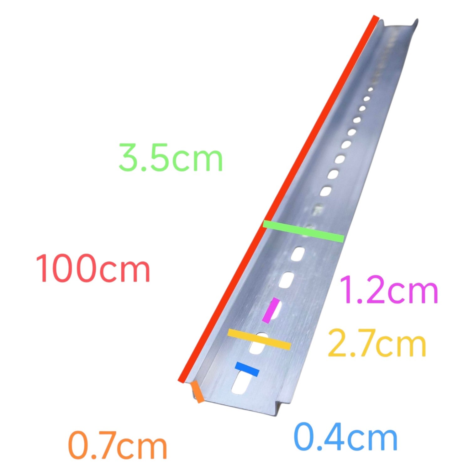 Metal profile with measurements labeled on a white background
