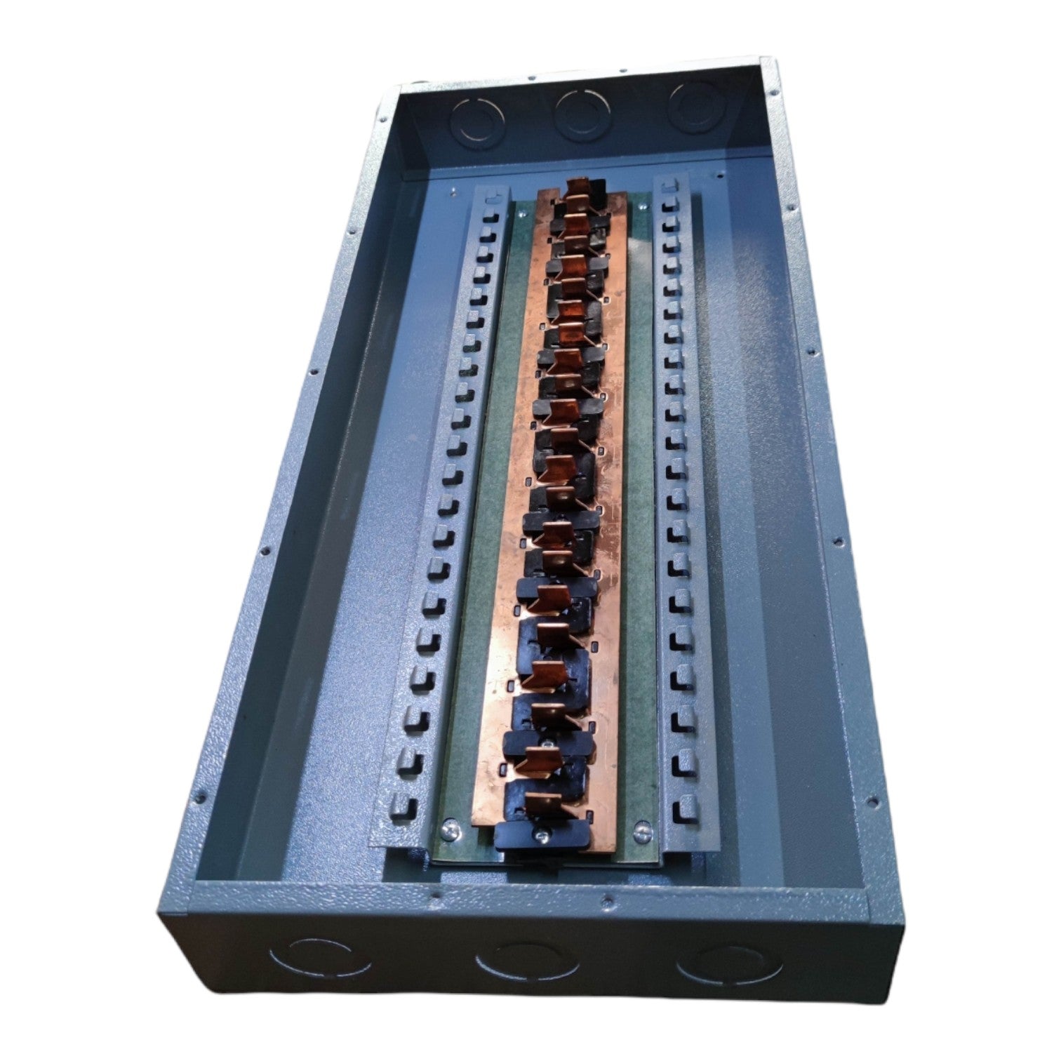 Electrical panel with copper busbars on a white background America 11X11 Panel Board 20 Branches Distribution Panel for 2 Pole Plug-In Circuit Breaker Side Mounted Main Flush Mounted Base Electx Electrical Supply