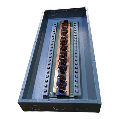 Electrical panel with copper busbars on a white background America 11X11 Panel Board 20 Branches Distribution Panel for 2 Pole Plug-In Circuit Breaker Side Mounted Main Flush Mounted Base Electx Electrical Supply