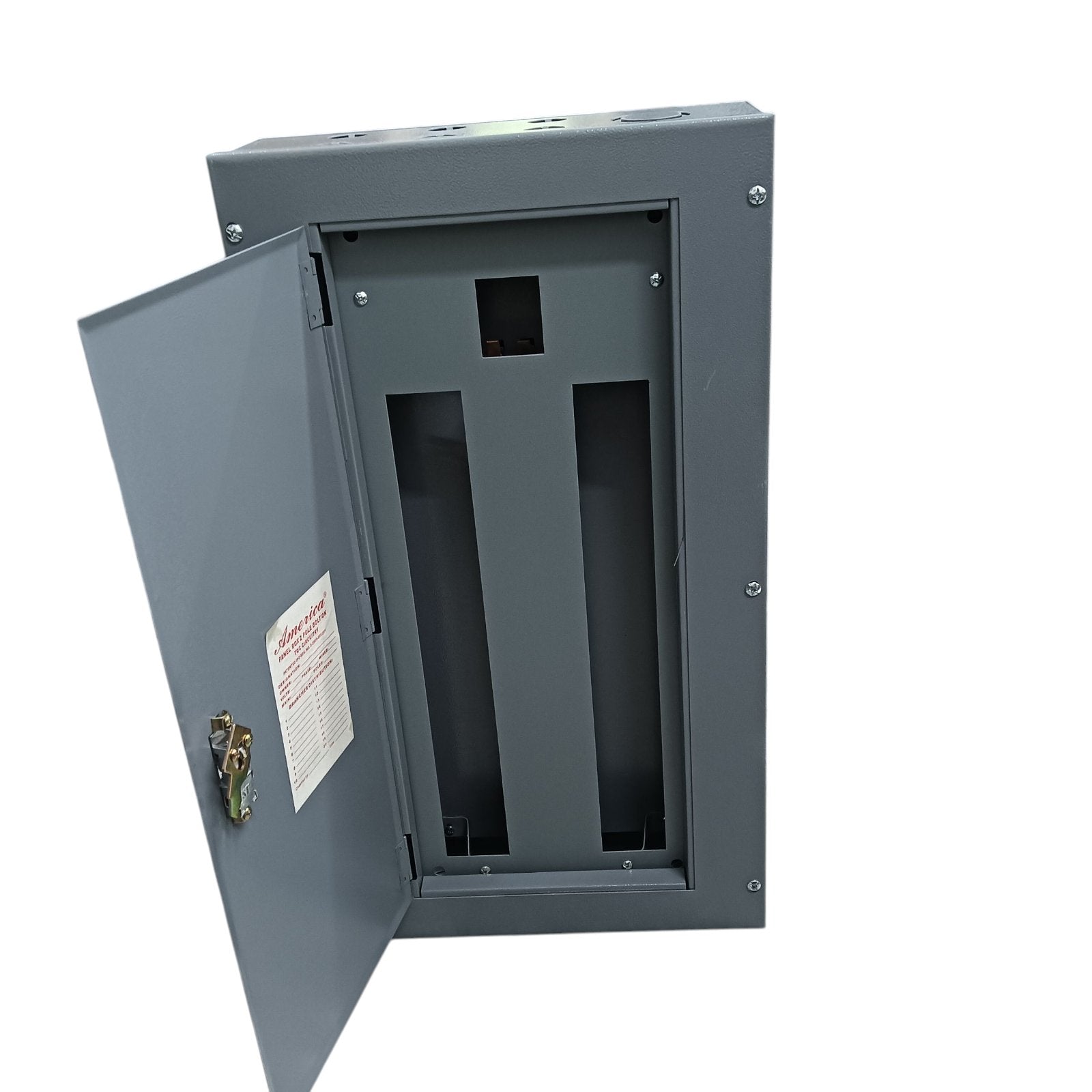 Open 2 pole bolt on panel board showing interior with secure locking features and electrical safety labeling America 18 Branches Panel Board Center Main For 2 Pole Bolt On Panel Board Surface or Flush Mounted Type Electx Electrical Supply