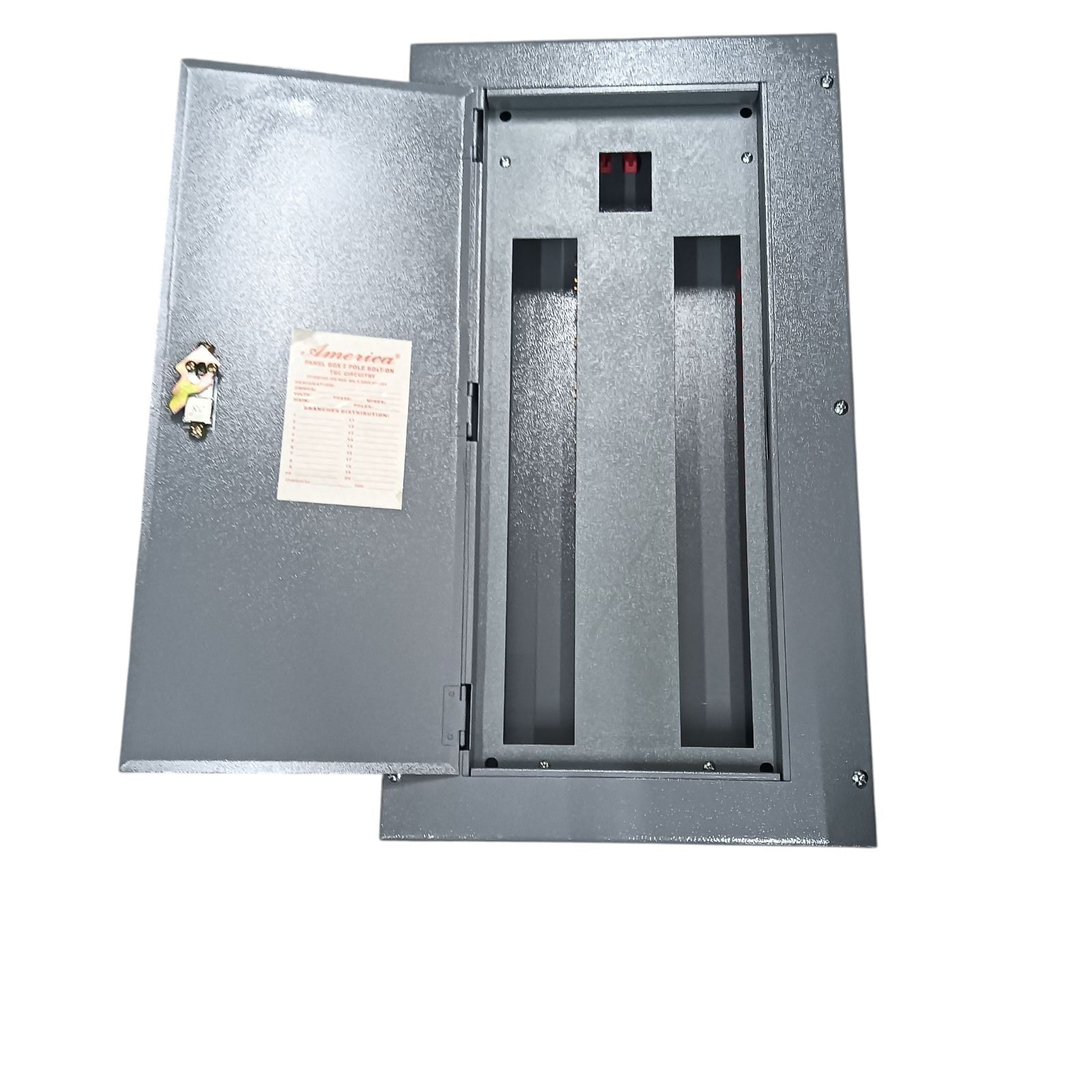 Open gray 2 pole bolt on panel board with space for circuit breakers and safety labels America 18 Branches Panel Board Center Main For 2 Pole Bolt On Panel Board Surface or Flush Mounted Type Electx Electrical Supply