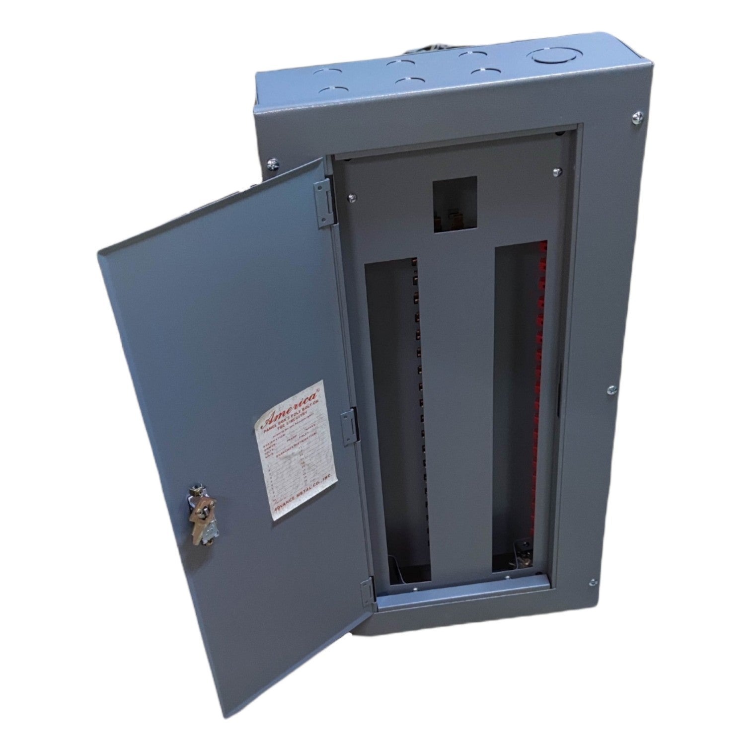 Gray electrical panel with open door on a white background America 20 Branches Panel Board Center Main for 2 Pole Bolt On Circuit Breaker Surface Mounted or Flush Mounted Type Electx Electrical Supply