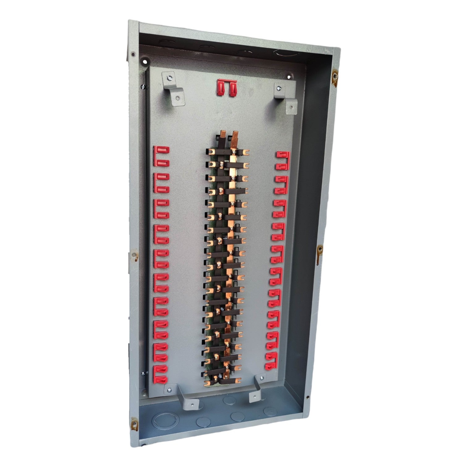 Electrical panel with red and black connectors on a white background America 20 Branches Panel Board Center Main for 2 Pole Bolt On Circuit Breaker Surface Mounted or Flush Mounted Type Electx Electrical Supply