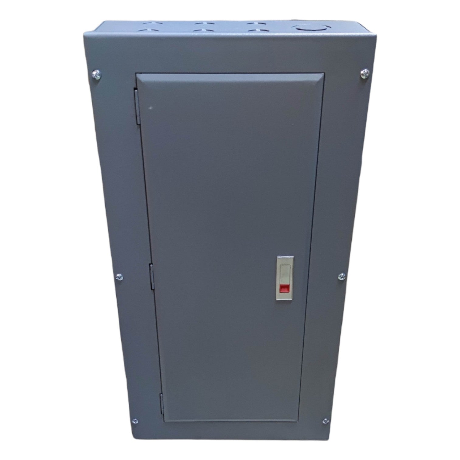 Gray metal electrical panel box on a white background America 20 Branches Panel Board Center Main for 2 Pole Bolt On Circuit Breaker Surface Mounted or Flush Mounted Type Electx Electrical Supply
