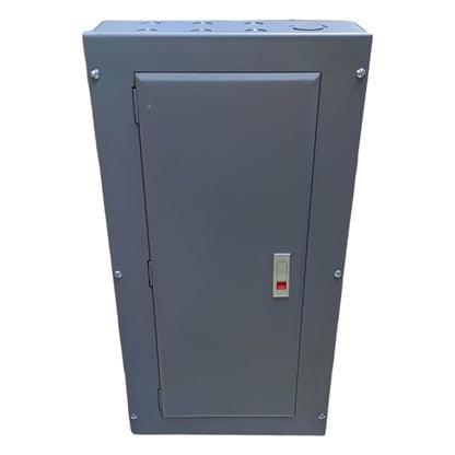 Gray metal electrical panel box on a white background America 20 Branches Panel Board Center Main for 2 Pole Bolt On Circuit Breaker Surface Mounted or Flush Mounted Type Electx Electrical Supply