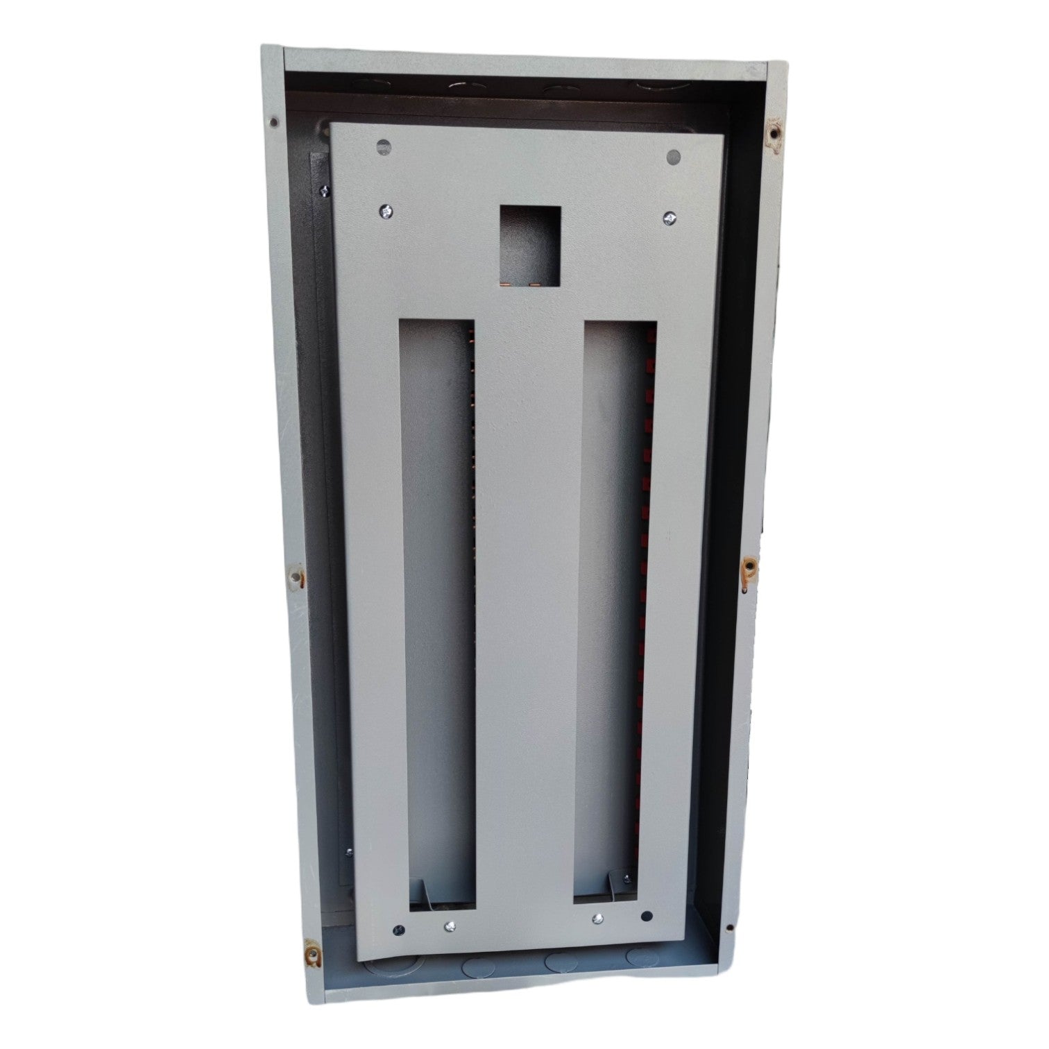 Metallic rectangular panel with cutouts on a white background America 20 Branches Panel Board Center Main for 2 Pole Bolt On Circuit Breaker Surface Mounted or Flush Mounted Type Electx Electrical Supply