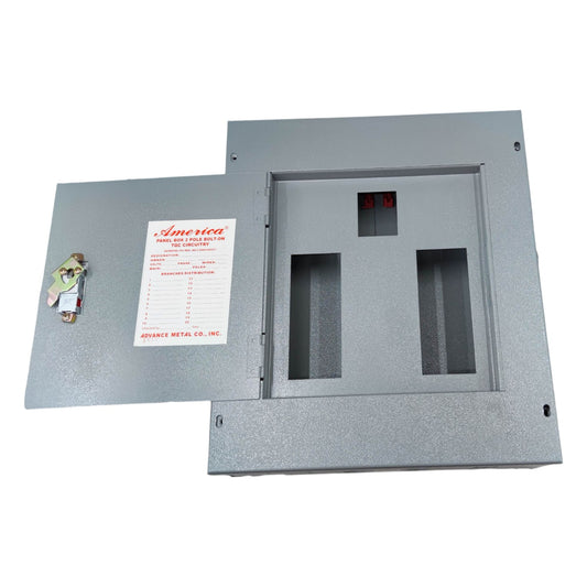 Metal electrical panel with open cover on a white background America 6 Branches Panel Board for 2 Pole Bolt On Circuit Breaker Center Main for Surface or Flush Mounting Electx Electrical Supply
