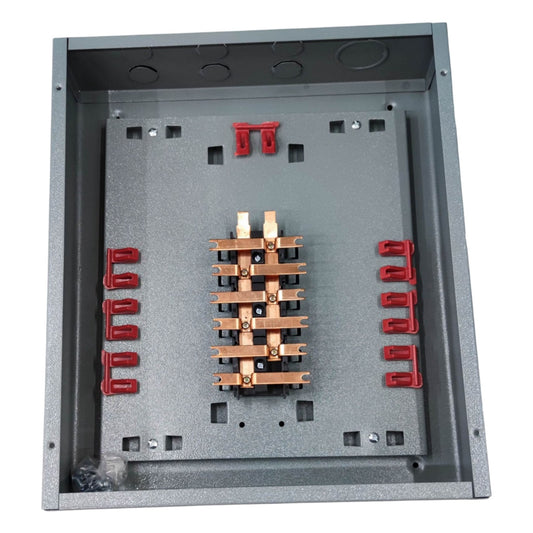 Electrical panel with copper connectors and red clamps on a white background America 6 Branches Panel Board for 2 Pole Bolt On Circuit Breaker Center Main for Surface or Flush Mounting Electx Electrical Supply