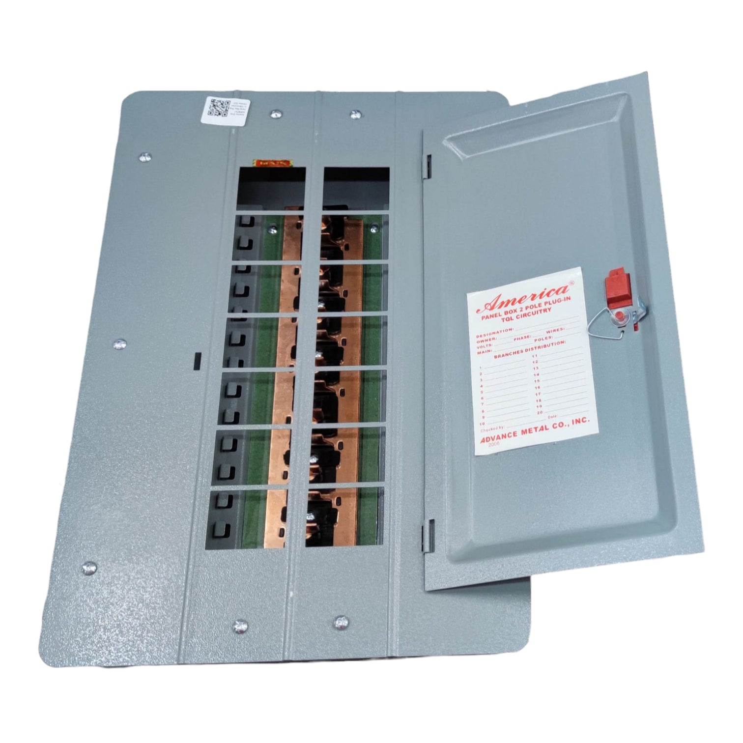 Electrical panel with open cover showing internal components on a white background America 7X7 Panel Boar 14 Holes Distribution Panel For 2 Pole Plug In Circuit Breaker 12 Branches Side Main