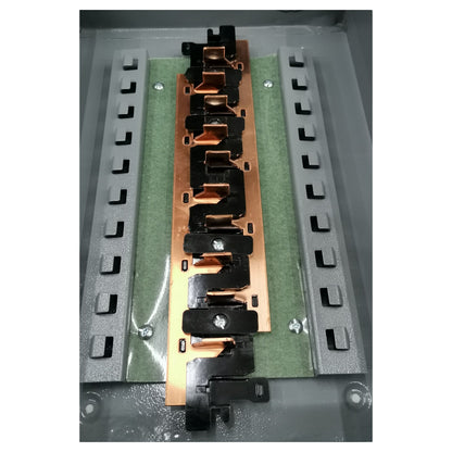 Electronic component with copper and black metal parts on a green and gray background America 7X7 Panel Boar 14 Holes Distribution Panel For 2 Pole Plug In Circuit Breaker 12 Branches Side Main Electx Electrical Supply