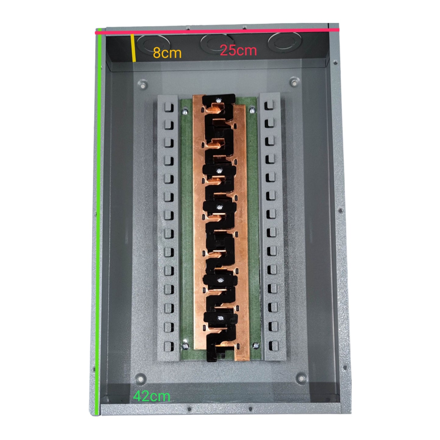 Rectangular metal component with measurement markings on a white background America 7X7 Panel Boar 14 Holes Distribution Panel For 2 Pole Plug In Circuit Breaker 12 Branches Side Main