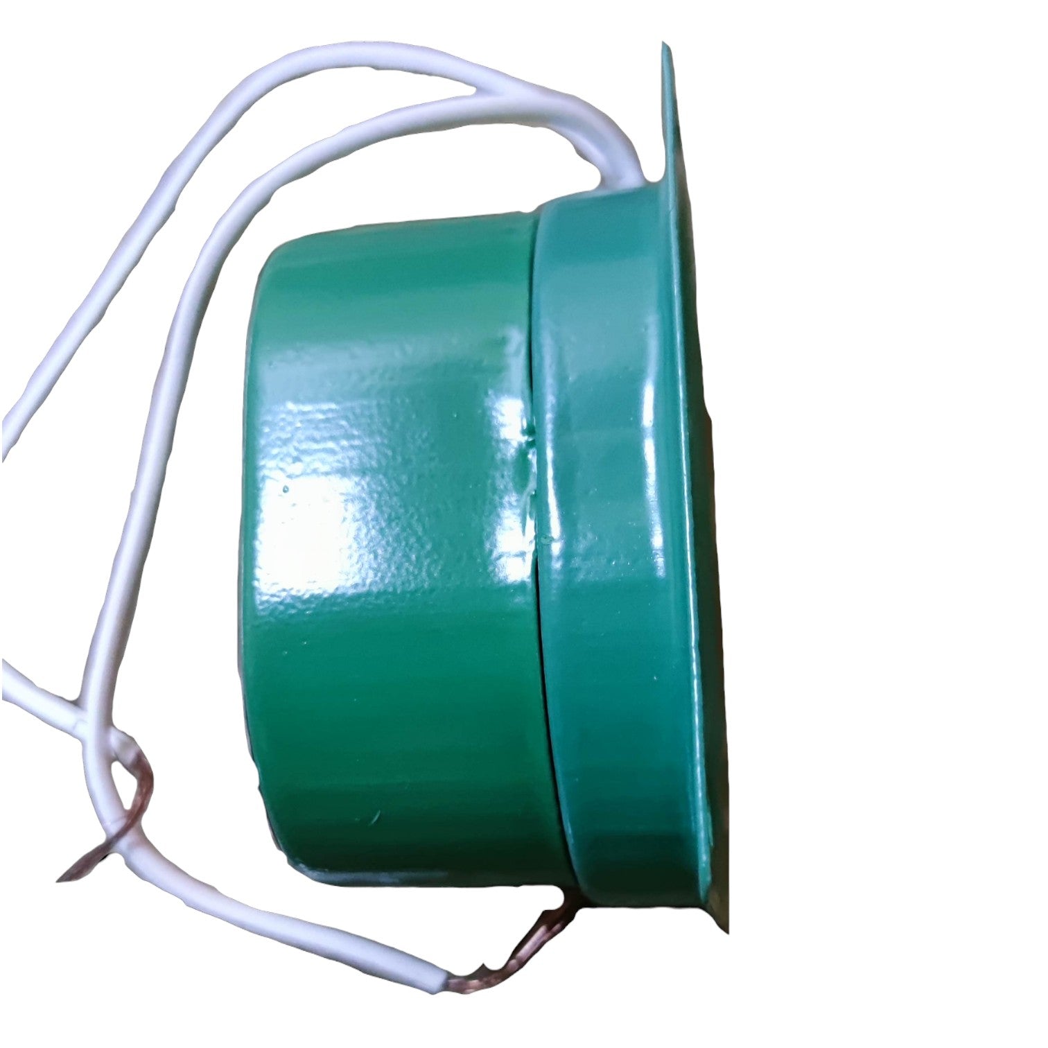 Green cylindrical component with white wires on a white background America Metallic Buzzer Oval Type Green 220V