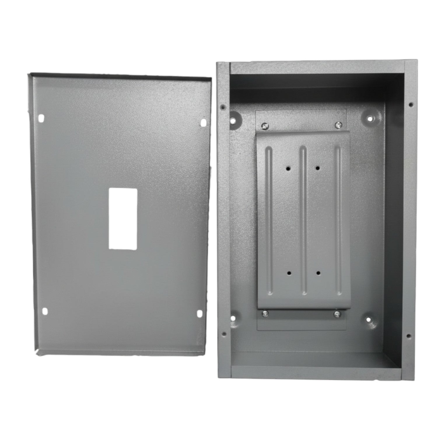 Metal electrical junction box with a cover on a white background America Nema 1 Circuit Breaker Enclosure For TQD Type 2 Pole Or 3 Pole Breaker Panel Board Single Breaker Electx Electrical Supply