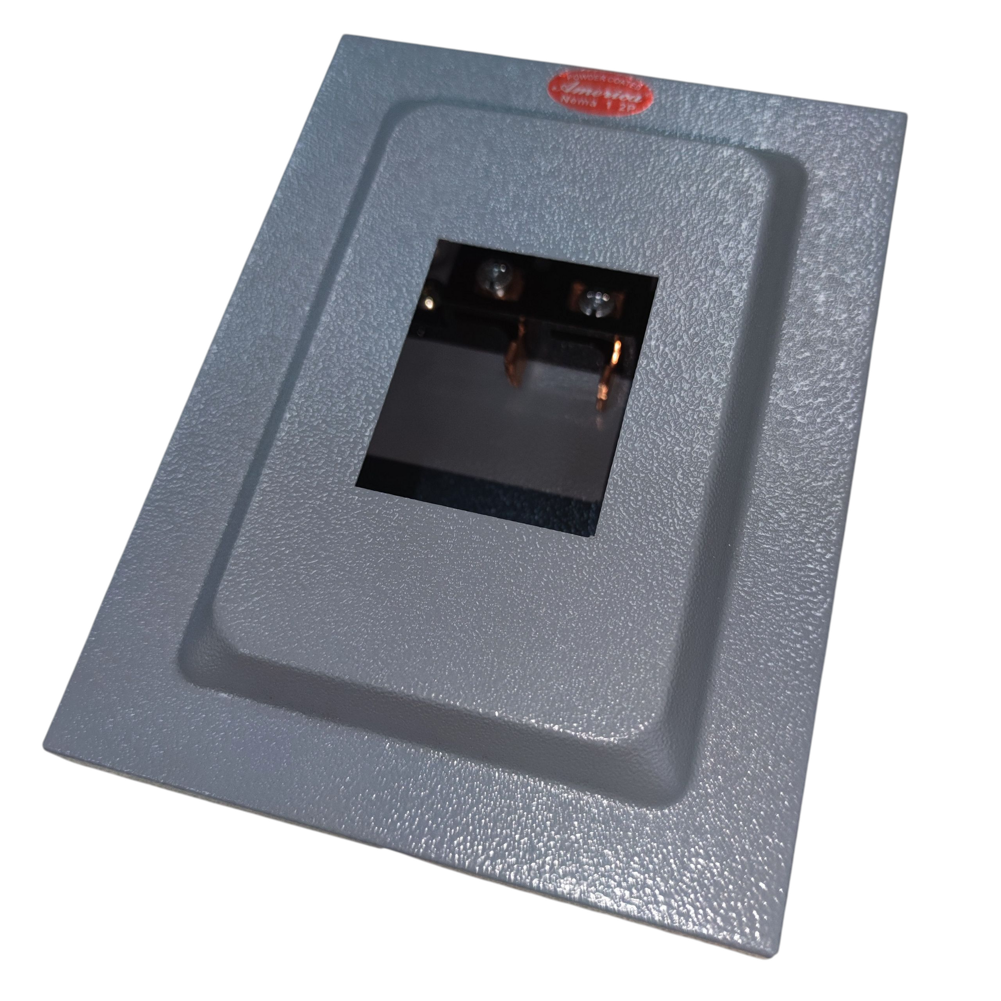 Nema 1 panel board for GE TQL breakers. America gray metal panel with cutout showing copper lugs