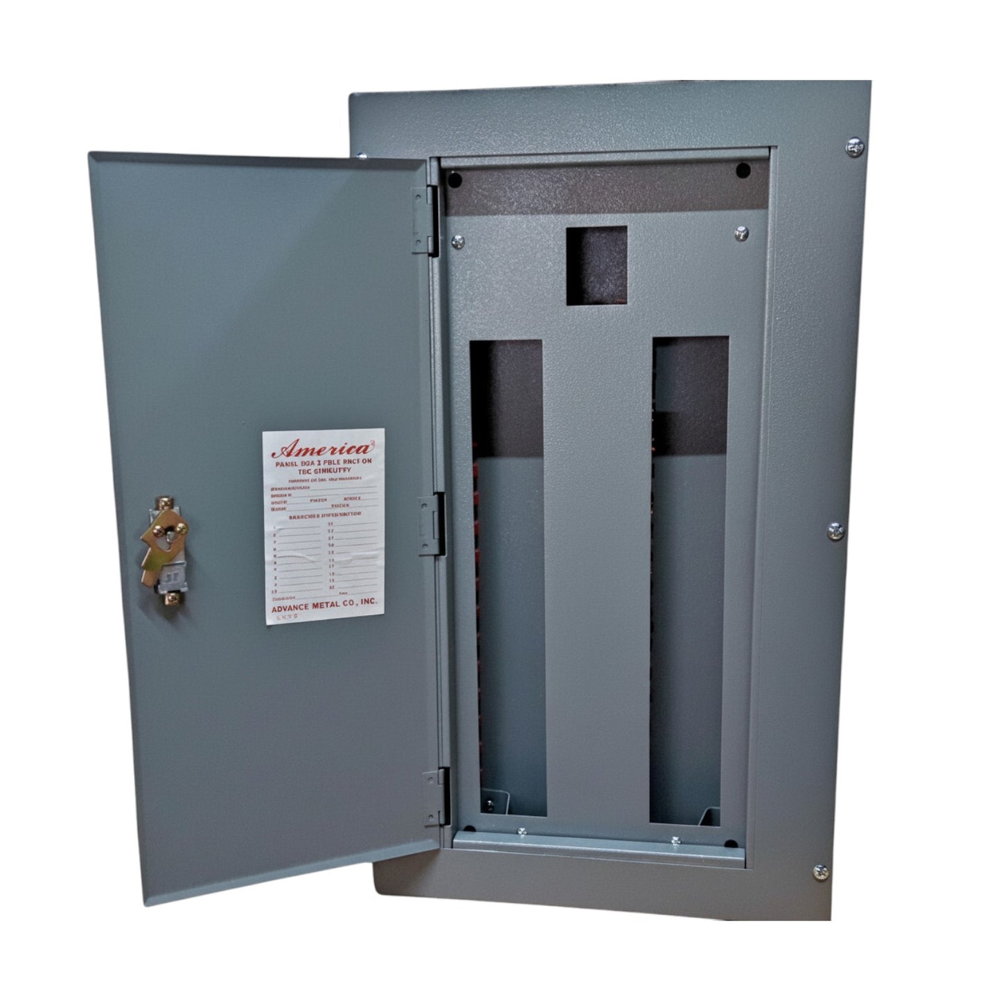Gray electrical panel with open door on a white background America Panel Board 16 Branches Center Main for 2 Pole Bolt On Circuit Breaker Surface or Flush Mounted Type Electx Electrical SUpply