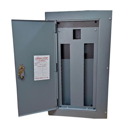 Gray electrical panel with open door on a white background America Panel Board 16 Branches Center Main for 2 Pole Bolt On Circuit Breaker Surface or Flush Mounted Type Electx Electrical SUpply