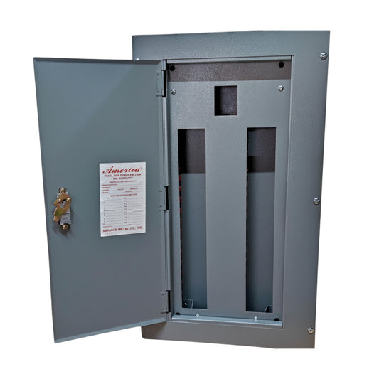 Gray electrical panel with open door on a white background America Panel Board 16 Branches Center Main for 2 Pole Bolt On Circuit Breaker Surface or Flush Mounted Type Electx Electrical SUpply