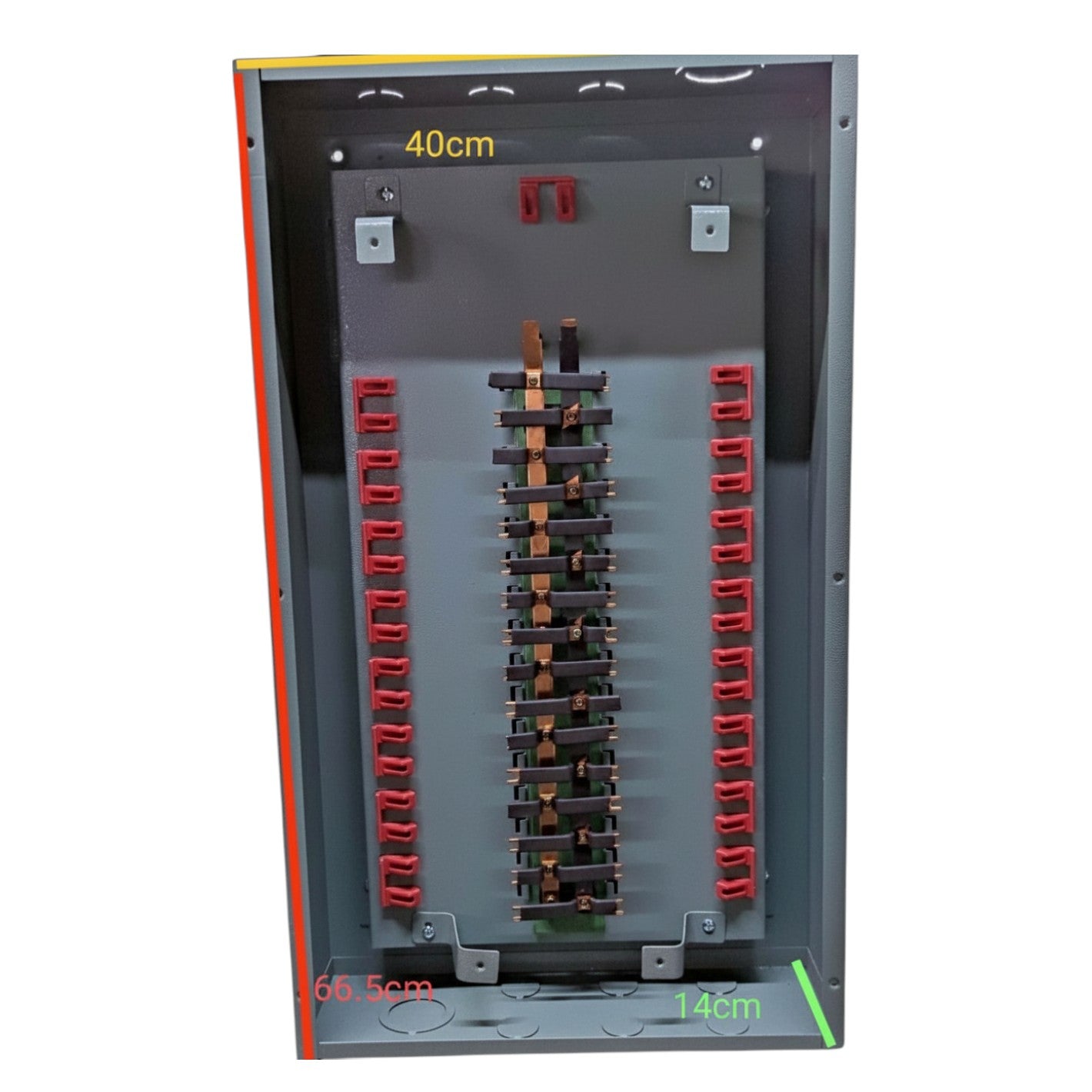 Electrical panel with various components and measurements on a white background America Panel Board 16 Branches Center Main for 2 Pole Bolt On Circuit Breaker Surface or Flush Mounted Type Electx Electrical SUpply