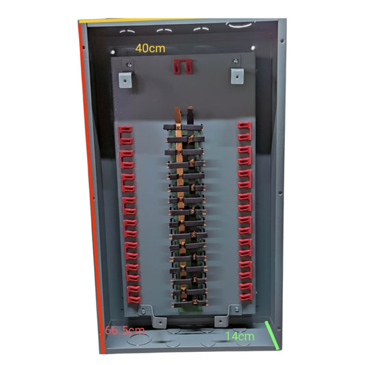 Electrical panel with various components and measurements on a white background America Panel Board 16 Branches Center Main for 2 Pole Bolt On Circuit Breaker Surface or Flush Mounted Type Electx Electrical SUpply