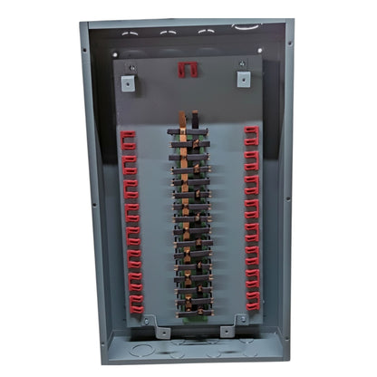 Electrical panel with red and black connectors on a white background America Panel Board 16 Branches Center Main for 2 Pole Bolt On Circuit Breaker Surface or Flush Mounted Type Electx Electrical SUpply
