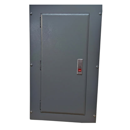 Gray metal control panel with a red indicator light on a white background America Panel Board 16 Branches Center Main for 2 Pole Bolt On Circuit Breaker Surface or Flush Mounted Type Electx Electrical SUpply