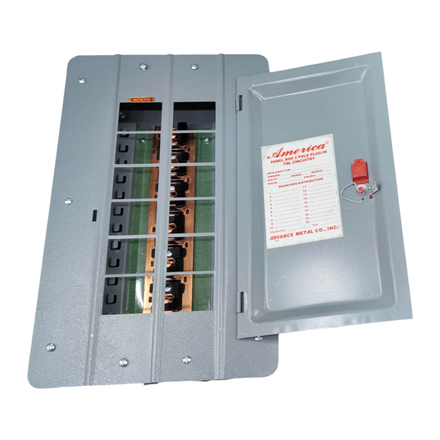 Metal panel with a door open, revealing internal components on a white background America Panel Board 6X6 For 2 Pole Plug In Circuit Breaker Side Main 12 Holes Distribution Panel 10 Branches Flush Mounted Electx Electrical Supply