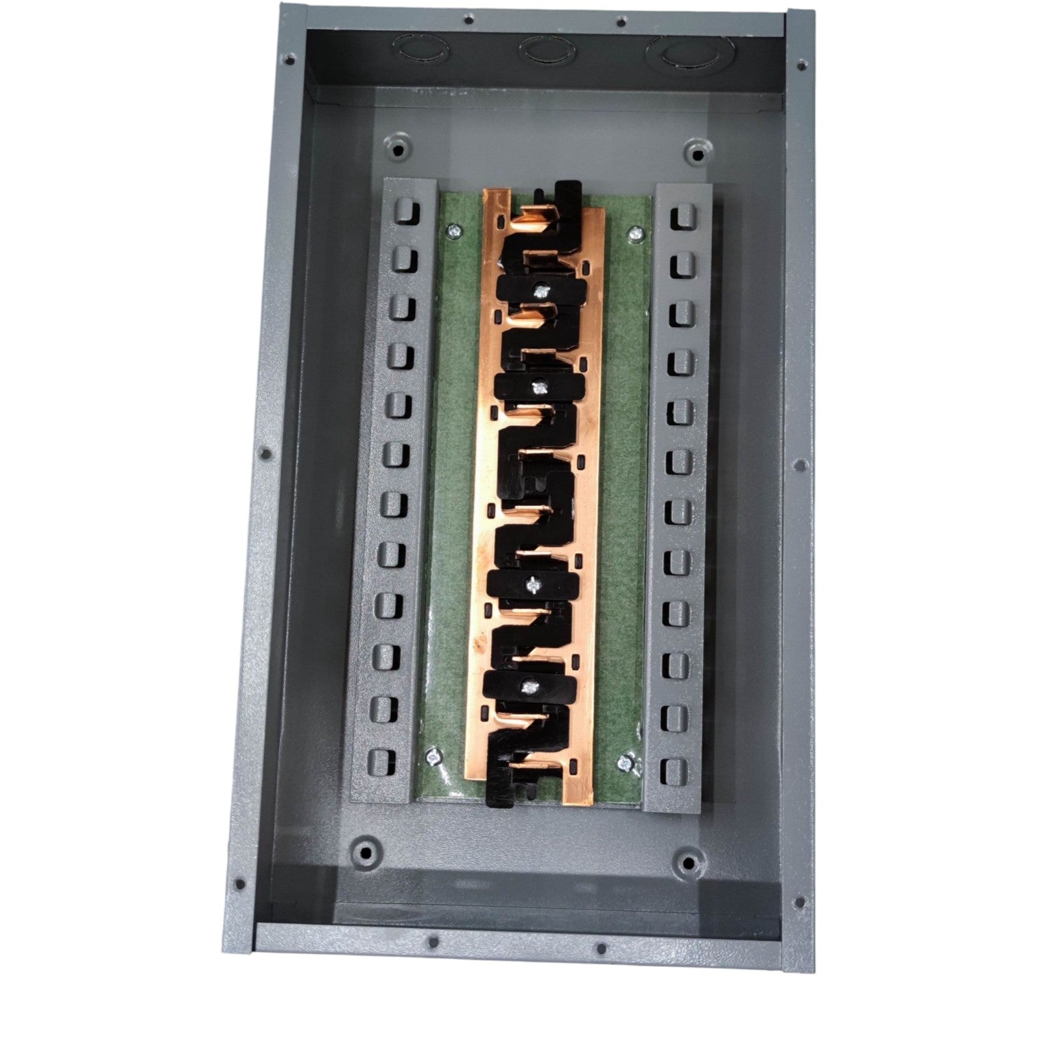 Metallic component with copper and green material inside a gray frame on a white background America Panel Board 6X6 For 2 Pole Plug In Circuit Breaker Side Main 12 Holes Distribution Panel 10 Branches Flush Mounted Electx Electrical Supply