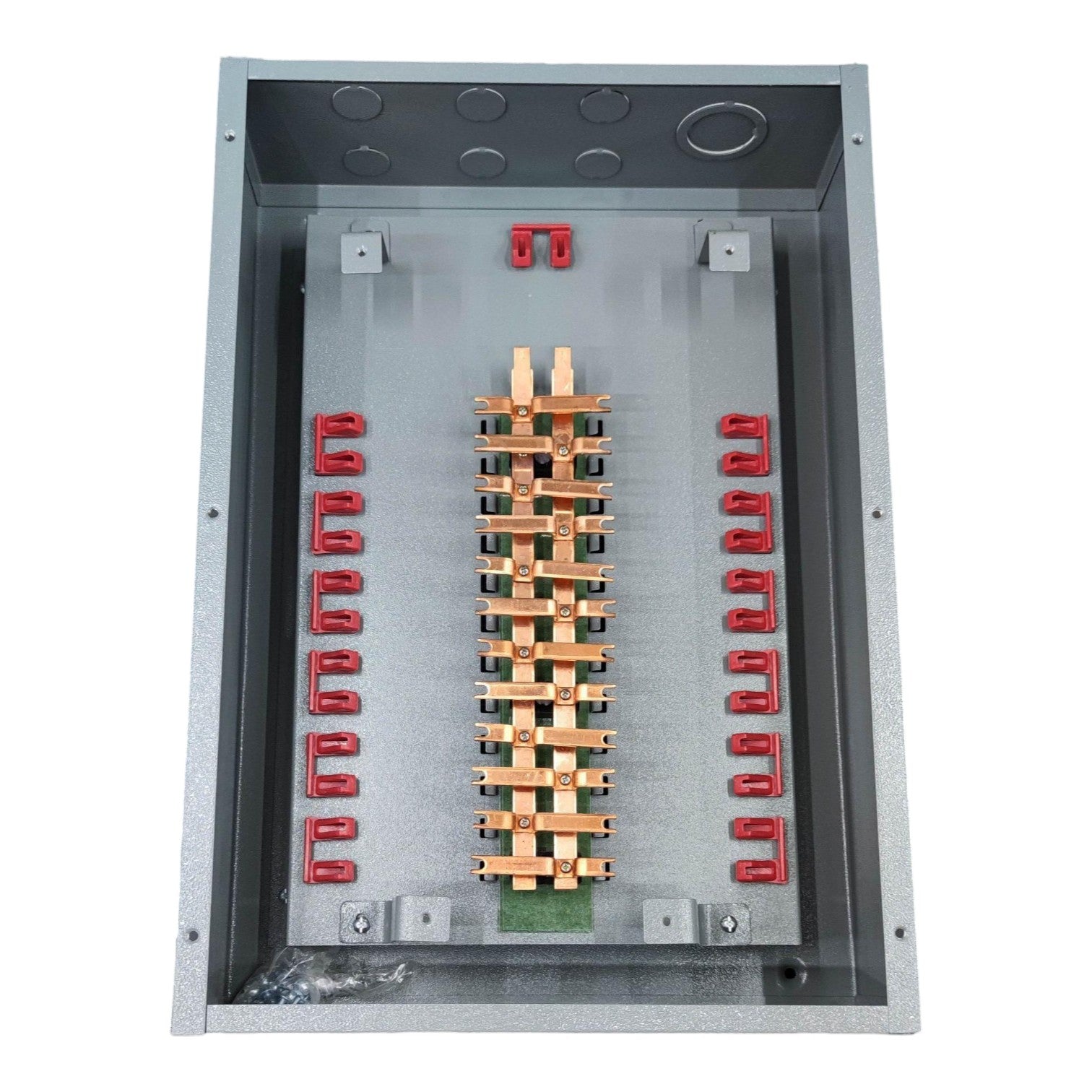 Electrical panel with copper connectors and red switches on a white  America Panel Board Center 12 Branches Main for 2 Pole Bolt On Circuit Breakers Surface type or Flush Type Mounting Electx Electrical Supplybackground