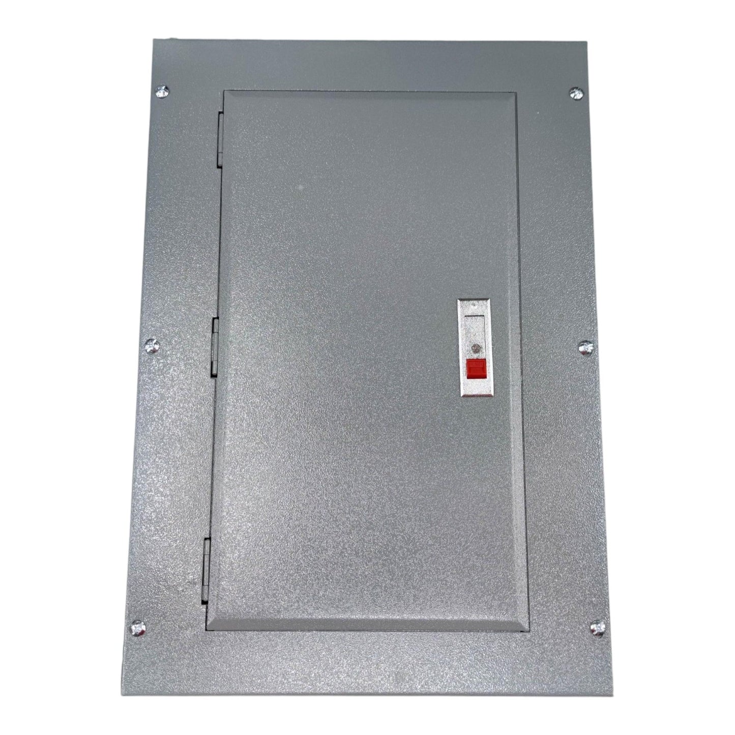 Metallic rectangular panel with a switch on a white background America Panel Board Center 12 Branches Main for 2 Pole Bolt On Circuit Breakers Surface type or Flush Type Mounting Electx Electrical Supply