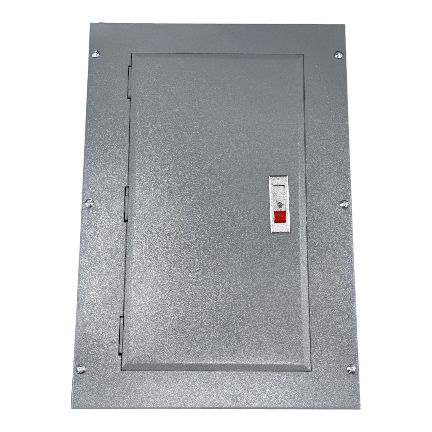 Metallic rectangular panel with a switch on a white background America Panel Board Center 12 Branches Main for 2 Pole Bolt On Circuit Breakers Surface type or Flush Type Mounting Electx Electrical Supply