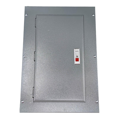 Metallic rectangular panel with a switch on a white background America Panel Board Center 12 Branches Main for 2 Pole Bolt On Circuit Breakers Surface type or Flush Type Mounting Electx Electrical Supply