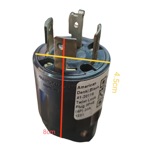 Electrical plug with measurement markings on a white background American Denki 20A 250V 3P+E Twist Lock Plug 41-20116 Twistlock Plug Twist to Lock Electx Electrical Supply