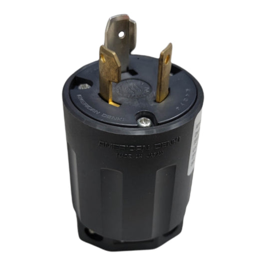 Black electrical plug with brass contacts on a white background American Denki 30A 250V Twist Lock Plug 2P+E 3322N Twistlock Plug with Ground Twist to Lock Plug Electx Electrical Supply